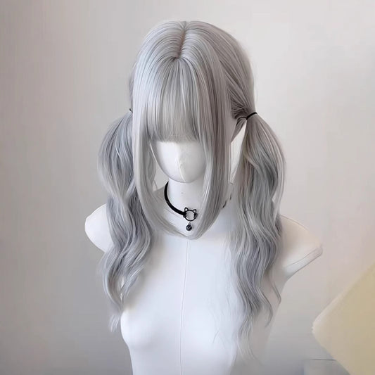 Double ponytail everyday long curly hair Japanese Lolita gray wig
