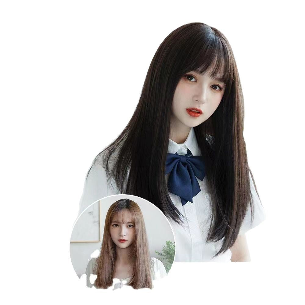 Real Hair Series - Medium-length Hair with Airy Bangs, Long Straight Hair, Korean-style Wig