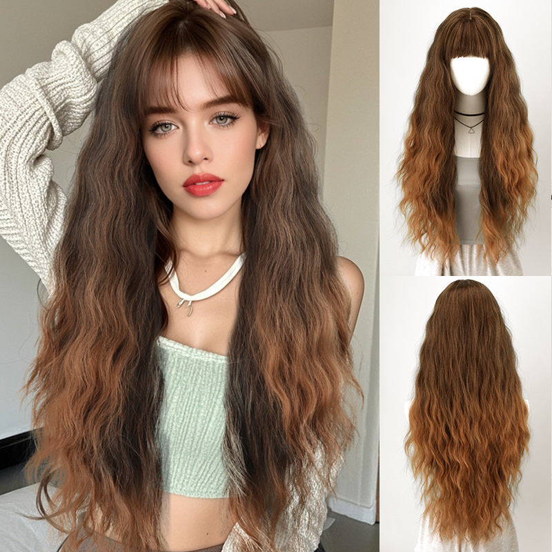 Flax Brown Straight Air Bangs Long Curly Full-Head Wig