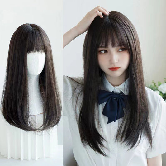 Real Hair Series - Medium-length Hair with Airy Bangs, Long Straight Hair, Korean-style Wig