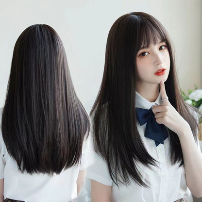 Real Hair Series - Medium-length Hair with Airy Bangs, Long Straight Hair, Korean-style Wig