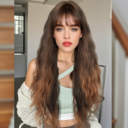 Flax Brown Straight Air Bangs Long Curly Full-Head Wig