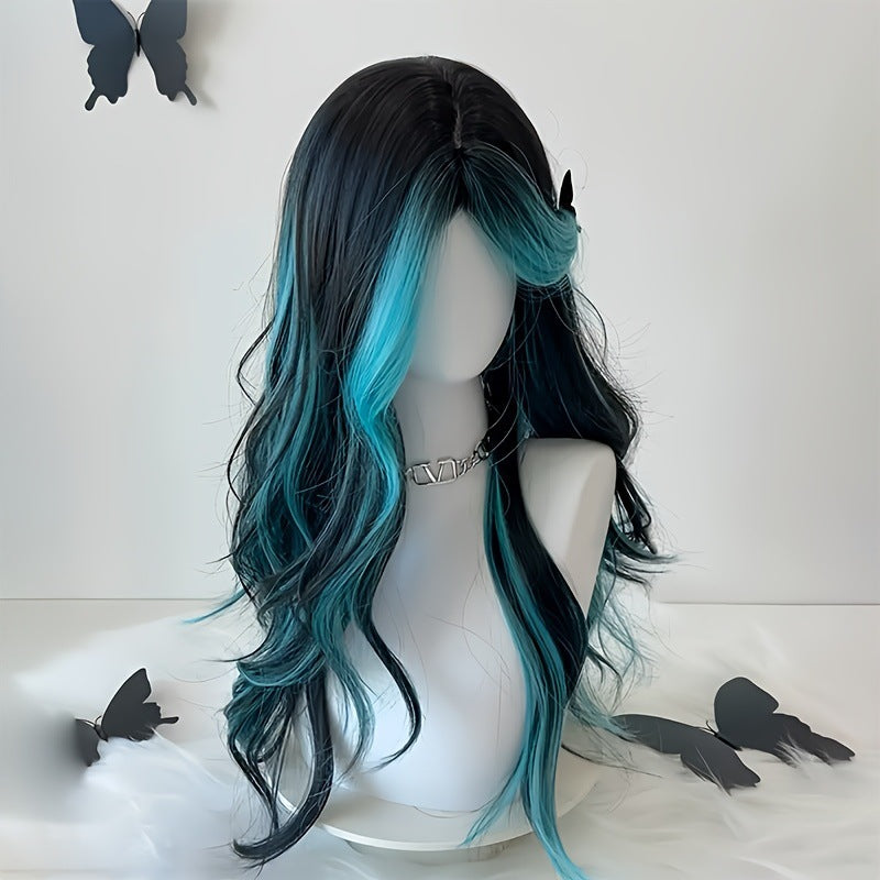 Long curly wig with bangs and highlights parted in the middle