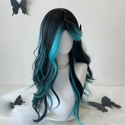 Long curly wig with bangs and highlights parted in the middle