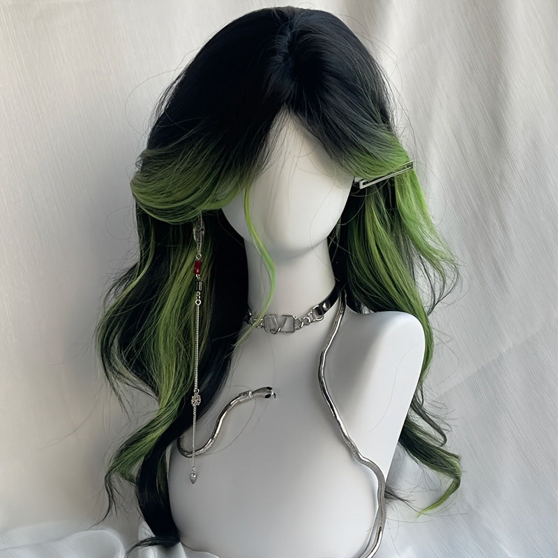 Long curly wig with bangs and highlights parted in the middle