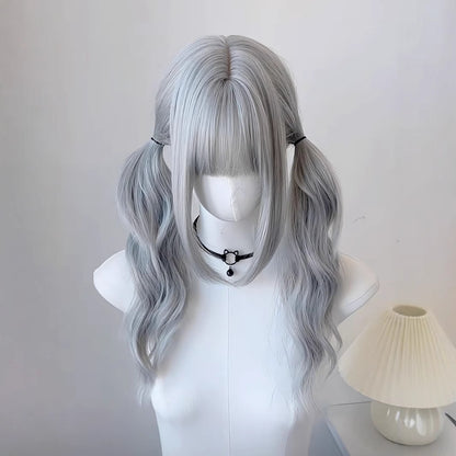 Double ponytail everyday long curly hair Japanese Lolita gray wig