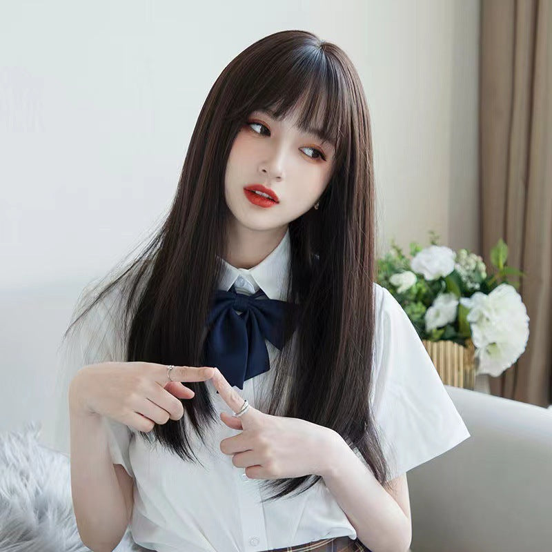 Real Hair Series - Medium-length Hair with Airy Bangs, Long Straight Hair, Korean-style Wig
