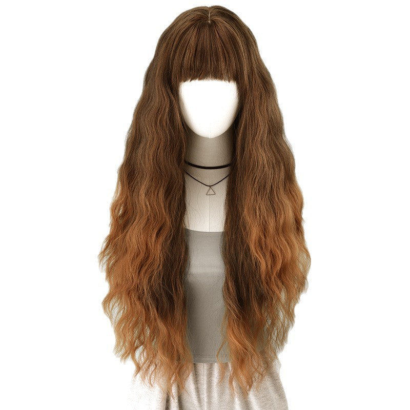 Flax Brown Straight Air Bangs Long Curly Full-Head Wig