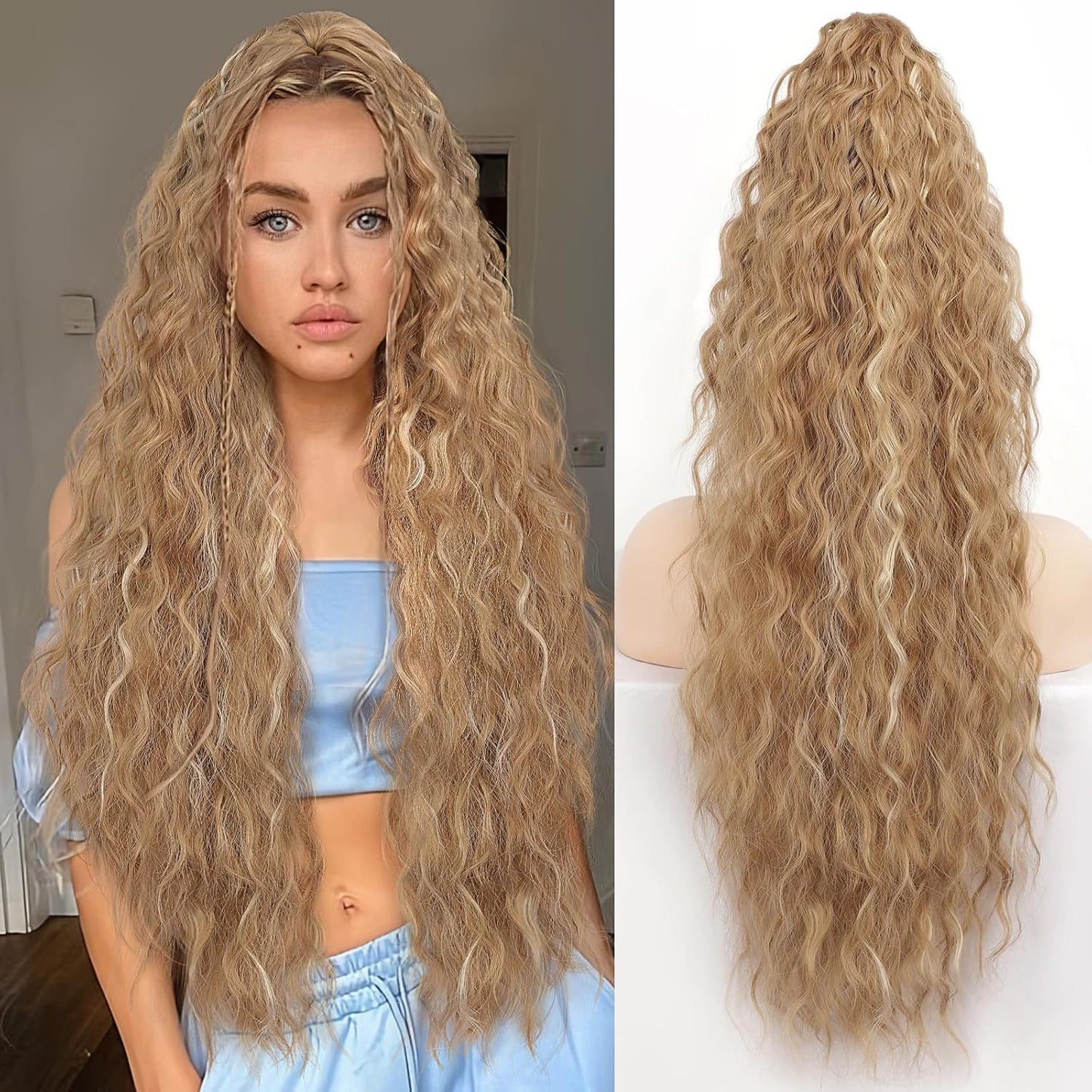 Ponytail cornflower perm long curly hair fluffy long curly hair wig