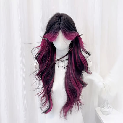 Long curly wig with bangs and highlights parted in the middle