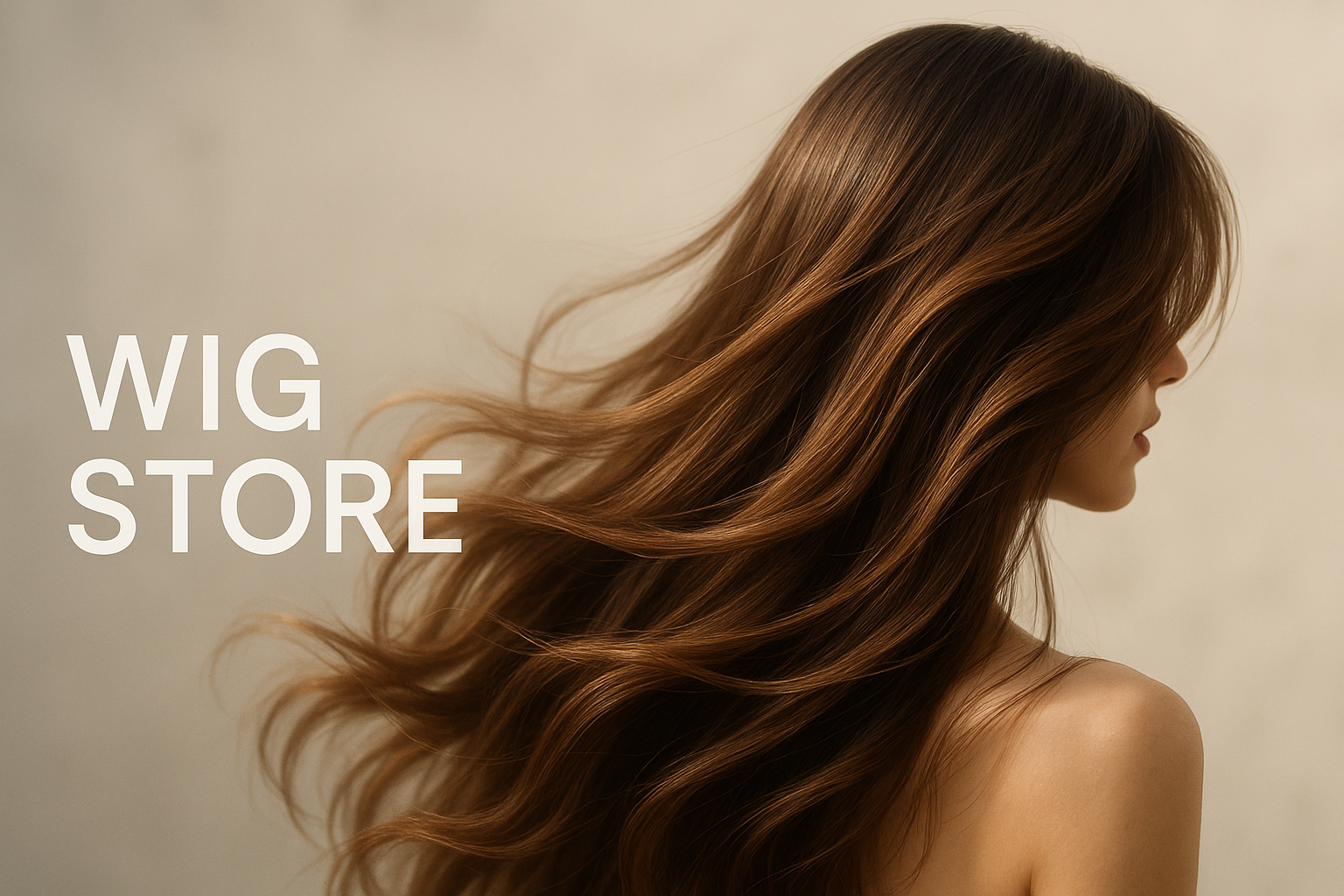 A stunning e-commerce banner for a wig store, featuring a close-up shot of luxurious, flowing, long human hair wig in motion. The hair is incredibly silky, shiny, and healthy-looking, catching natural sunlight. Soft, elegant, and sophisticated aesthetic, blurred minimalist background in soft beige or light grey, negative space for text overlay. Photorealistic, high detail, 8k resolution, cinematic lighting.